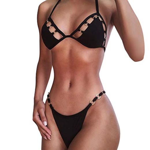 CANDLLY Anillo Estilo Punk de Corte bajo Ahuecado Halter Bikini Conjuntos Color Puro Nadar Tangas Mujeres Trajes de baño Sexy Agujeros de Playa