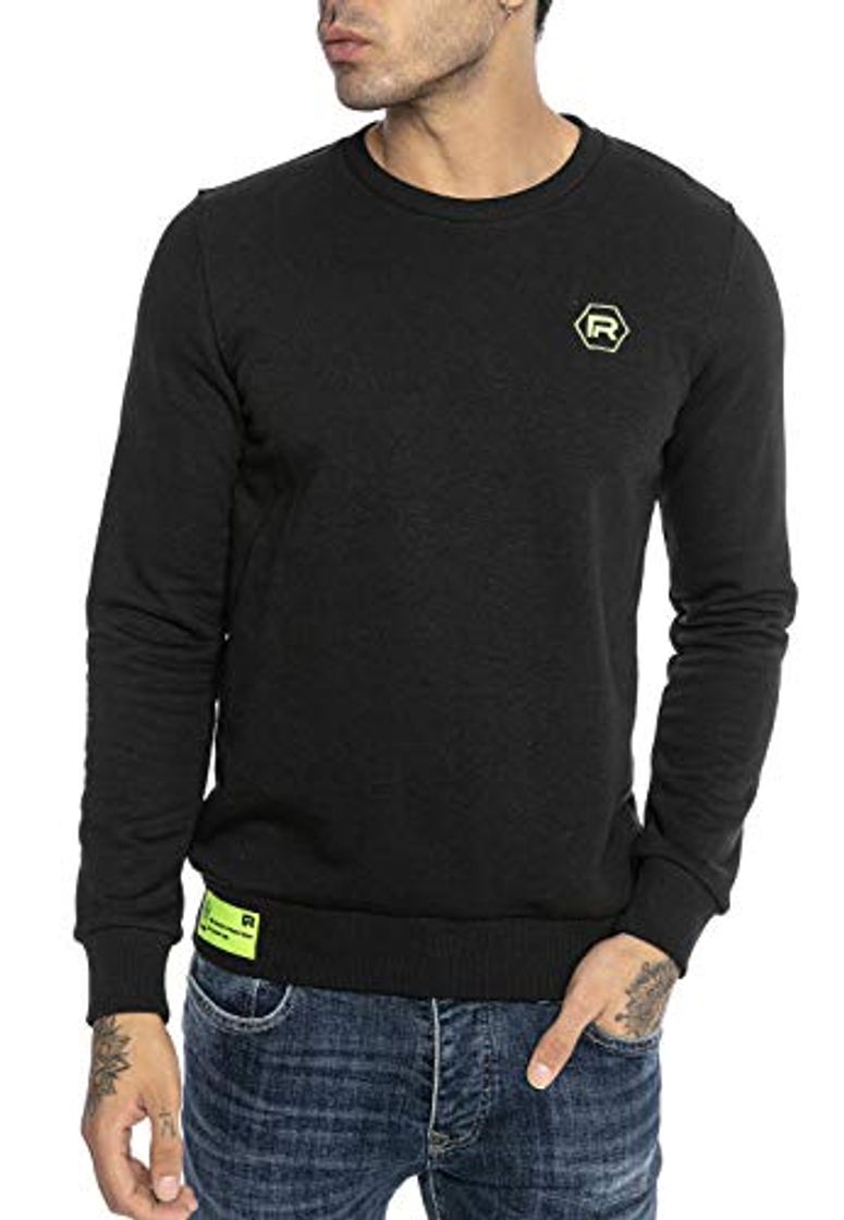 Fashion Redbridge Suéter para Hombre Sudadera Pulóver Neon Logo Stitch Negro XXL