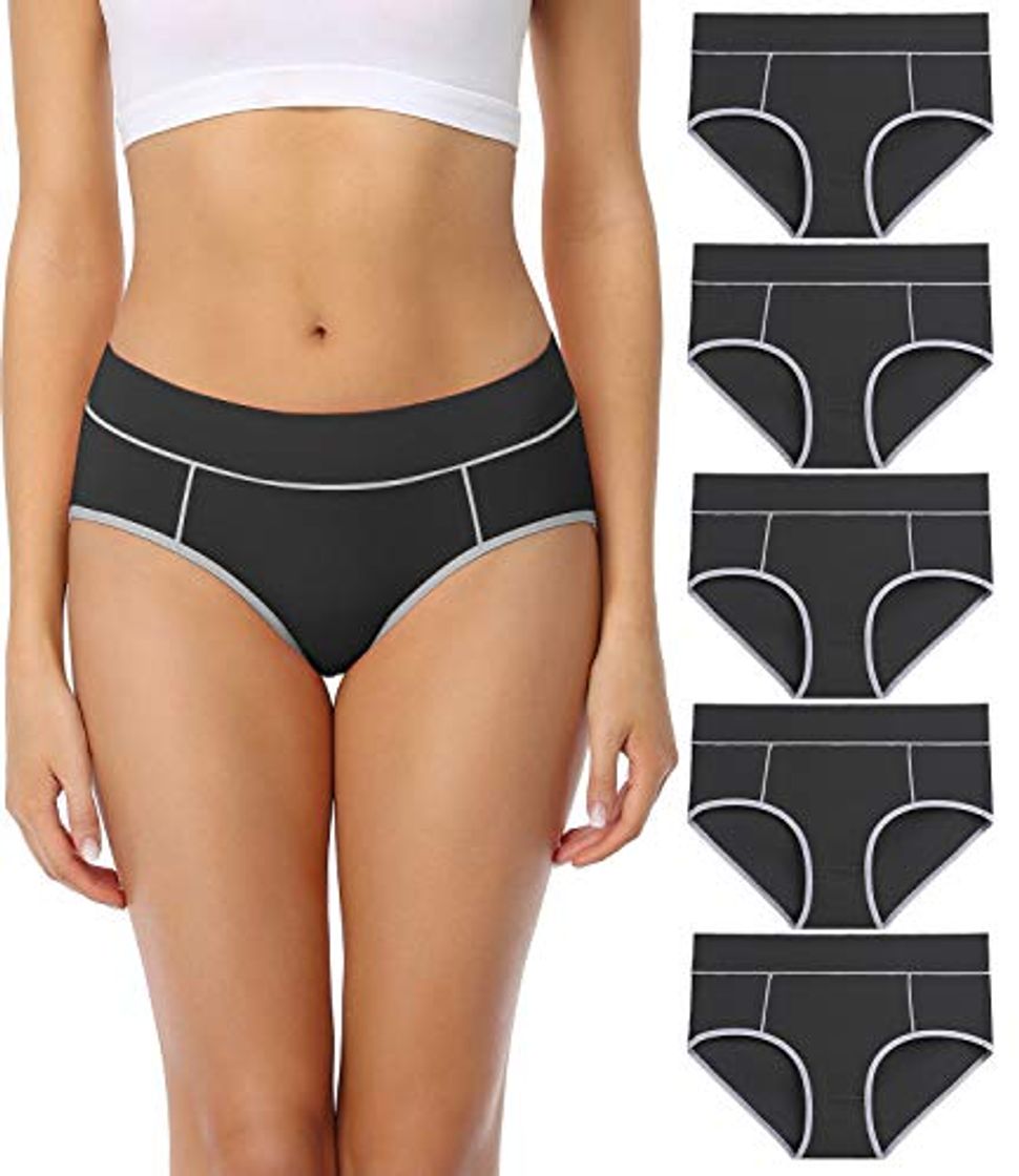 Fashion wirarpa Bragas Mujer Cintura Midi Algodón Braguitas Negro 5 Pack Talla M