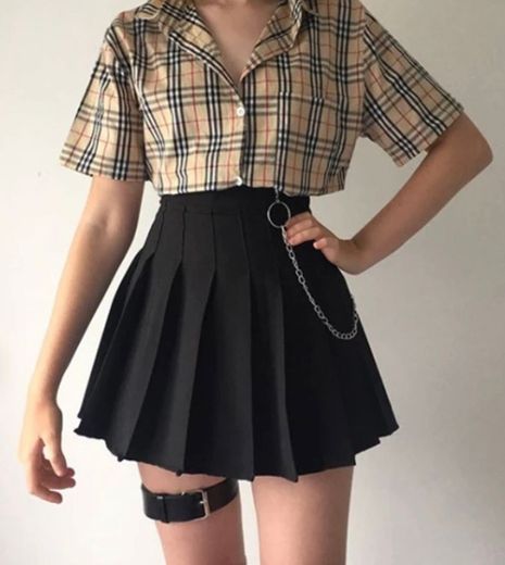 Plaid shirt + high waist skirt