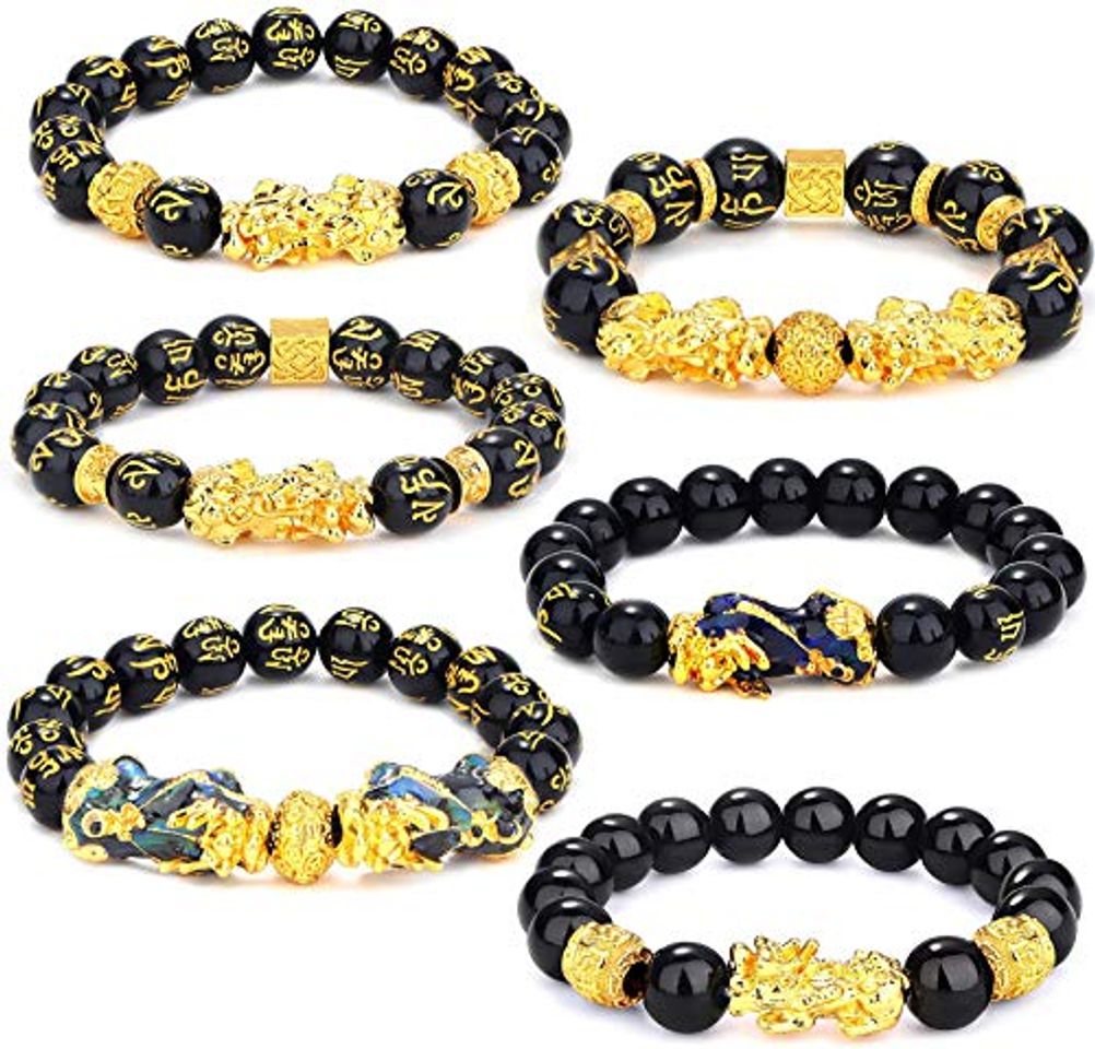 Social YADOCA 6 Piezas Feng Shui Golden Pi Xiu Lucky Wealthy Amuleto Pulsera Negro Natural Obsidiana Wealth Pulsera Elástico Ajustable 12 mm Bead Dragon Juego de Pulsera Good Lucky