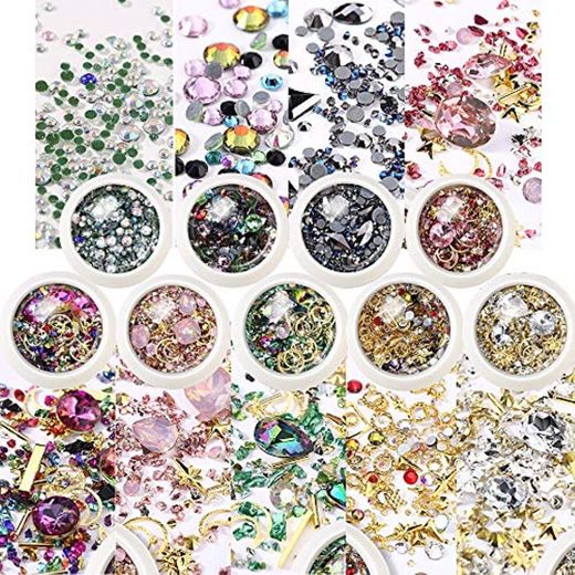 FLOFIA 9 Cajas Pedreria para Uñas Decoración Coloridas 3D Rhinestones Nails Remache Kit Diamantes de Imitación Adornos de Uñas Cuentas de Cristales Lentejuelas Uñas Decoración Arte de Uñas Bricolaje