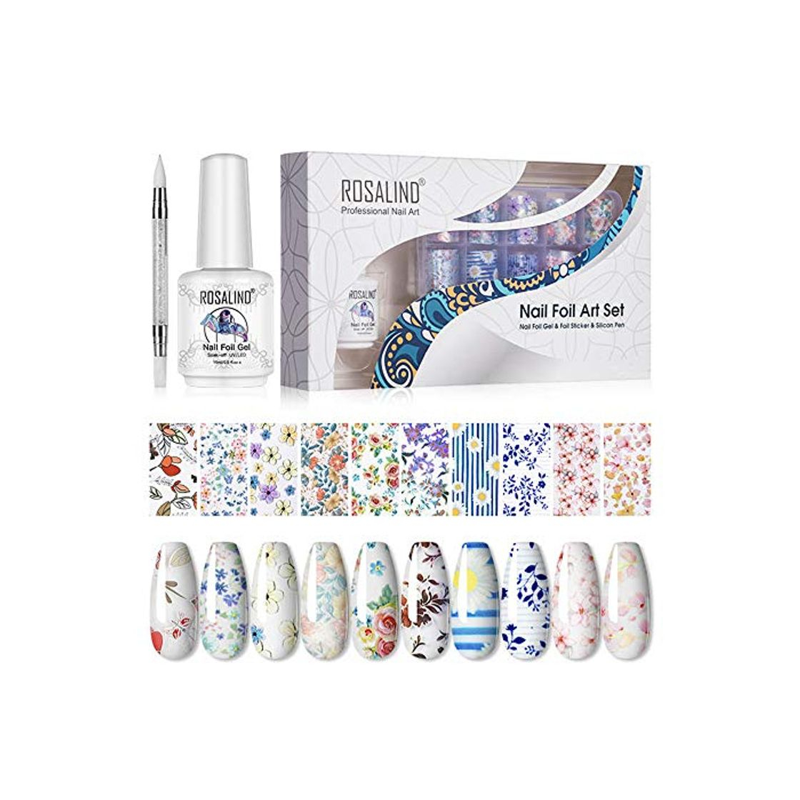 Products ROSALIND Nail Art Foil Glue 15ml y Foil Sticker 10 Rollos Nail