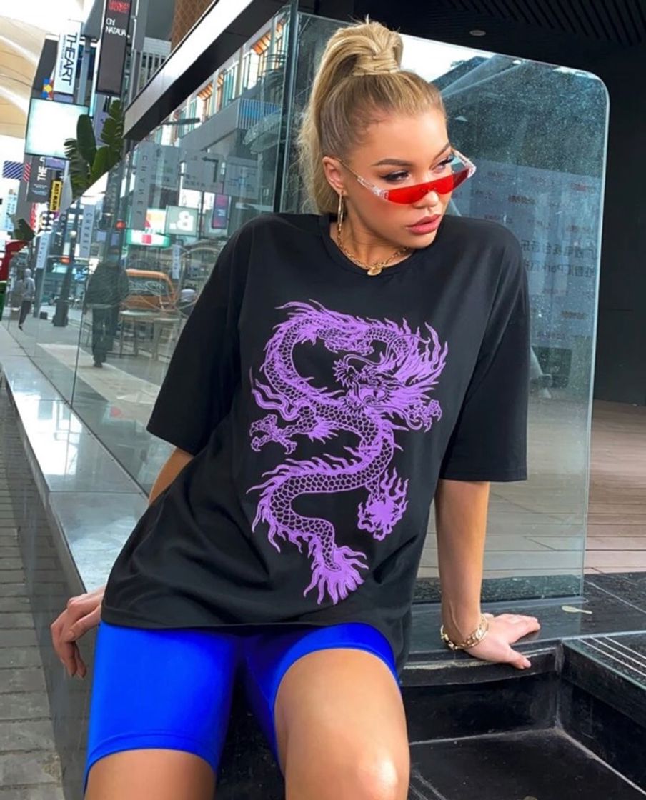 Dragon Print Drop Shoulder Tee Purple 