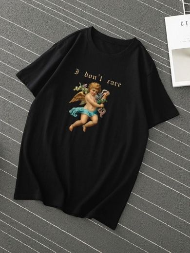 Masculino Angel And Slogan Graphic Tee