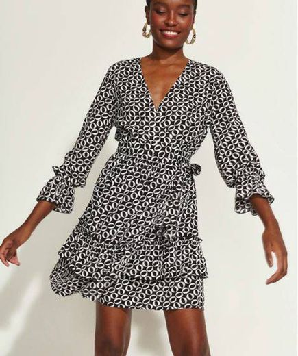 Vestido feminino DVF curto envelope estampado de elos com ba