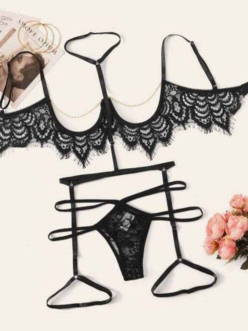 Moda Floral Lace Sheer Underwire Lingerie Conjunto

