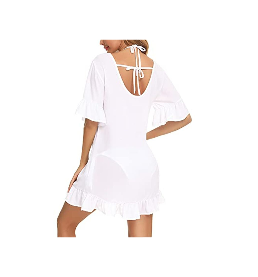 Fashion Irevial Vestido de Playa Verano Mujer Sexy Vestido Suelto Mujer Corto Elegante Manga Corta Traje de Baño Cover up Ropa de Baño Playa Camisolas y Pareos