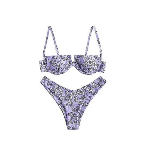ZAFUL Bikini Set de dos piezas Floral corte alto Bikini con arco & V Bañador para mujer morado L