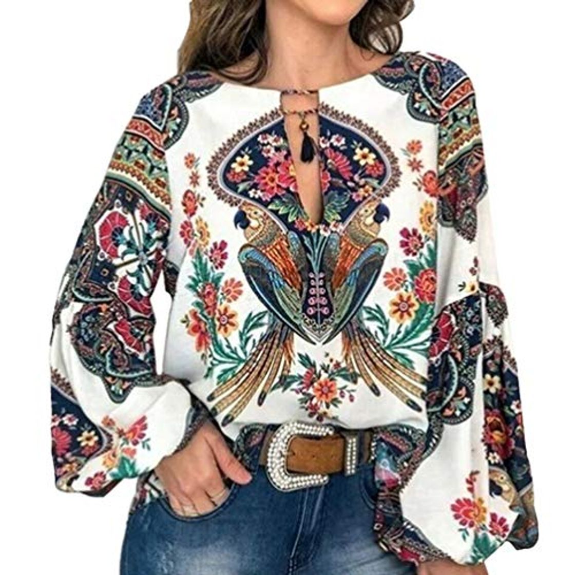 Moda FENICAL Blusa de Mujer Camisa Estampado de Flores Manga Larga Cuello Redondo