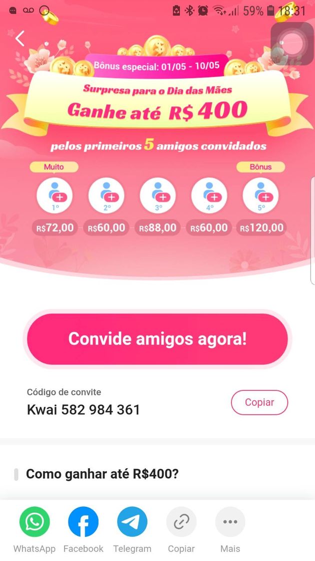 App Ganhe até 400 reais em casa usando o meu código dh2bQndh