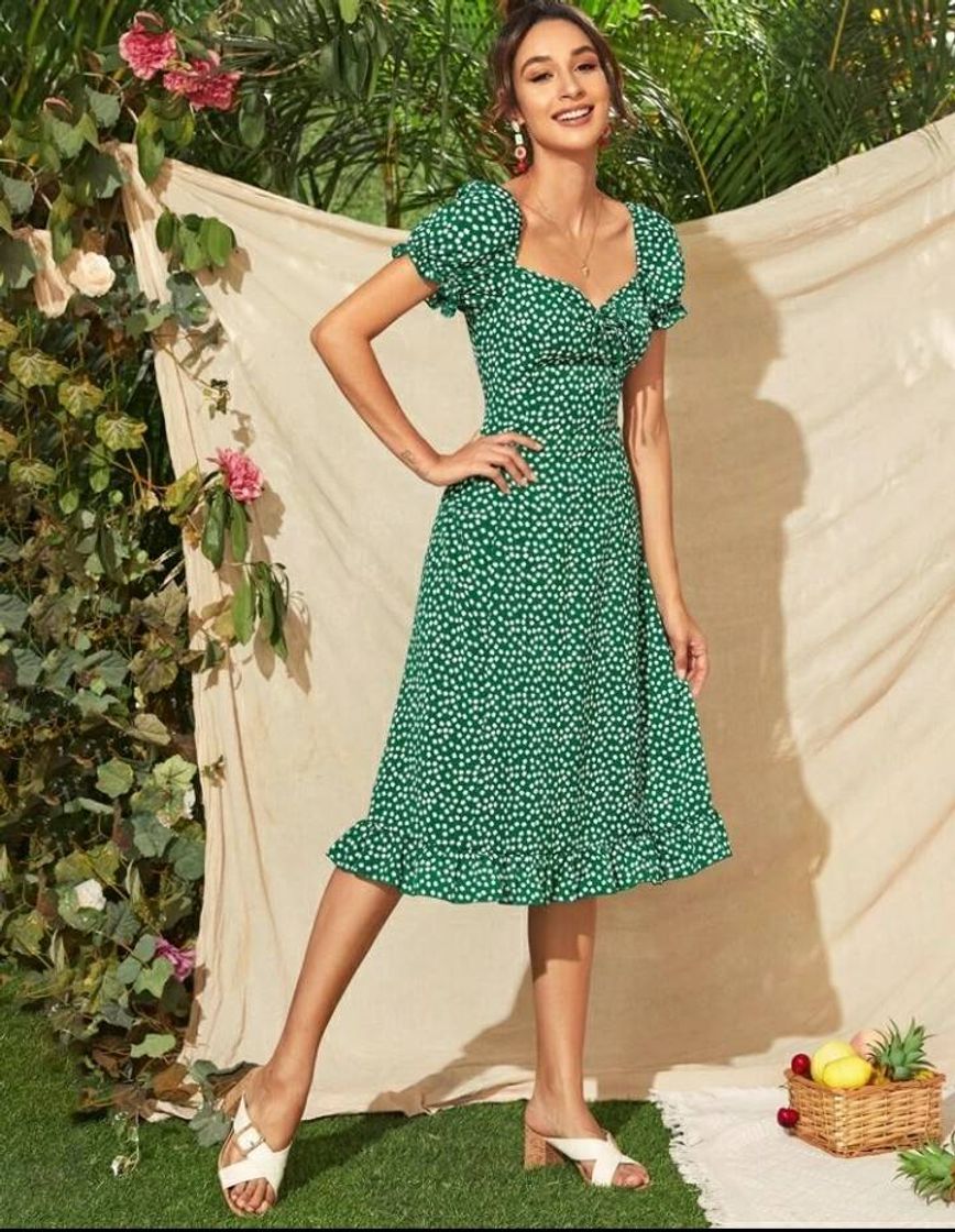 Fashion Verde Nó Florzinhas Boho vestido