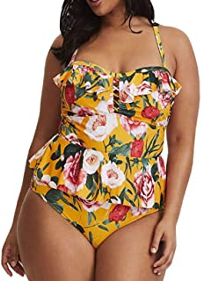 Fashion Patchwork  Print Plus Size Biquini High Waisted Boyshort Bottom Swimsuit Halter