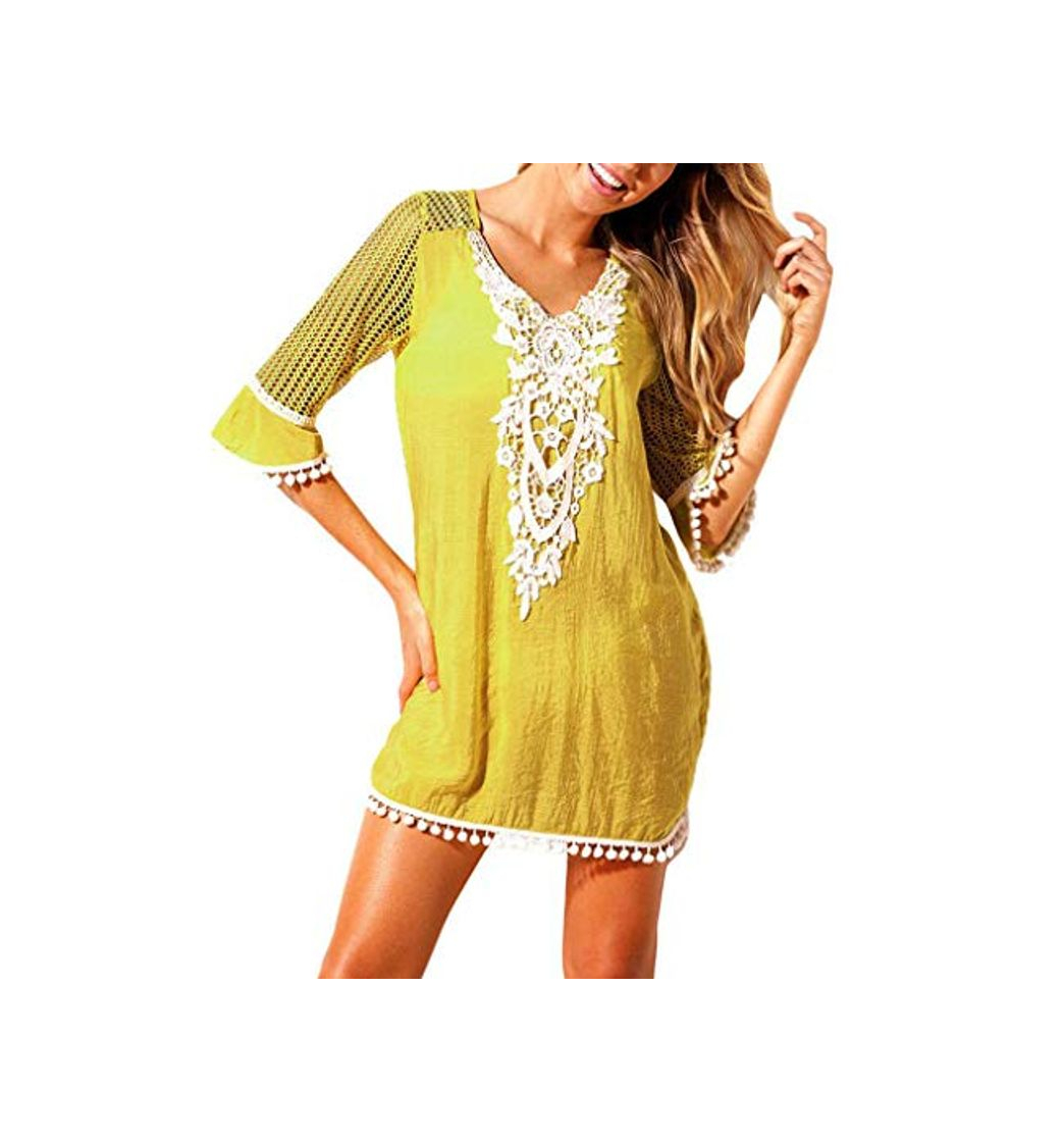 Social heekpek Mujer Collar De Flores Vestido De Playa Vestido Mangas Cortas Gasa