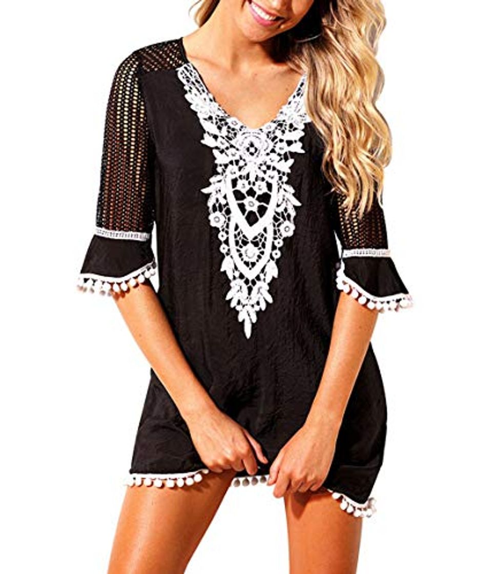 Social OKWIN Mujer Playa Vestido Mangas Cortas Gasa Beach Ropa de Baño Borla Bikini Cover up Camisolas y Pareos Plus Size