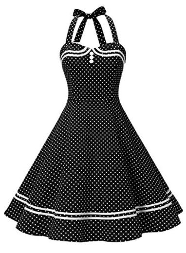Timormode Vestido Cóctel Corto Vintage 50s Cuello Halter Vestido De Fiesta Rockabilly Mujer Negro Puntos XL