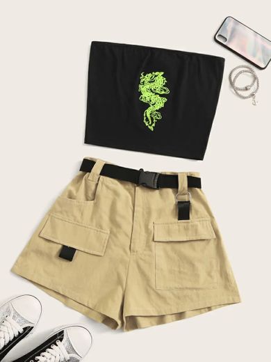 SHEIN Dragon Bandeau & Pocket Patched Shorts Set With Buckle Belt