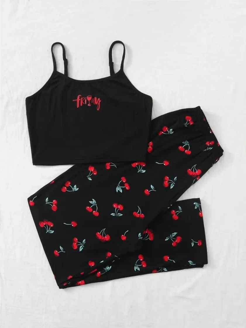 Moda Cherry And Letter Graphic Cami Pajama Set