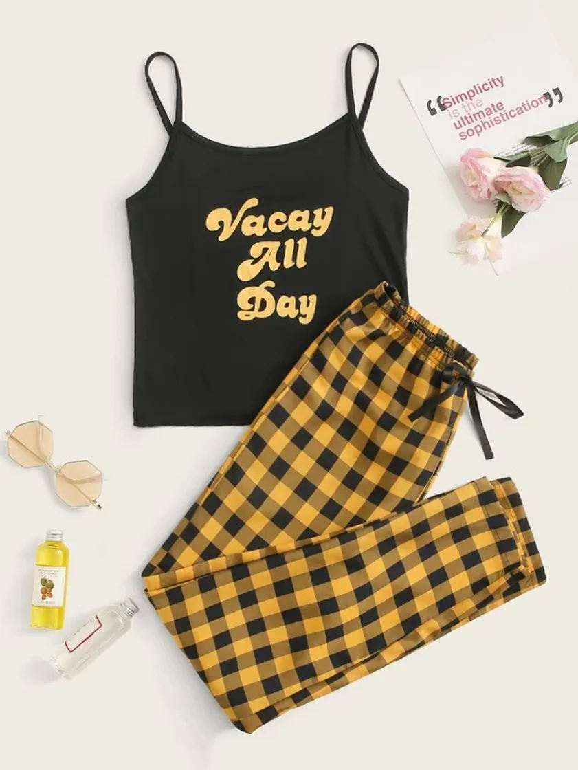 Moda Letter & Gingham Print Cami PJ Set