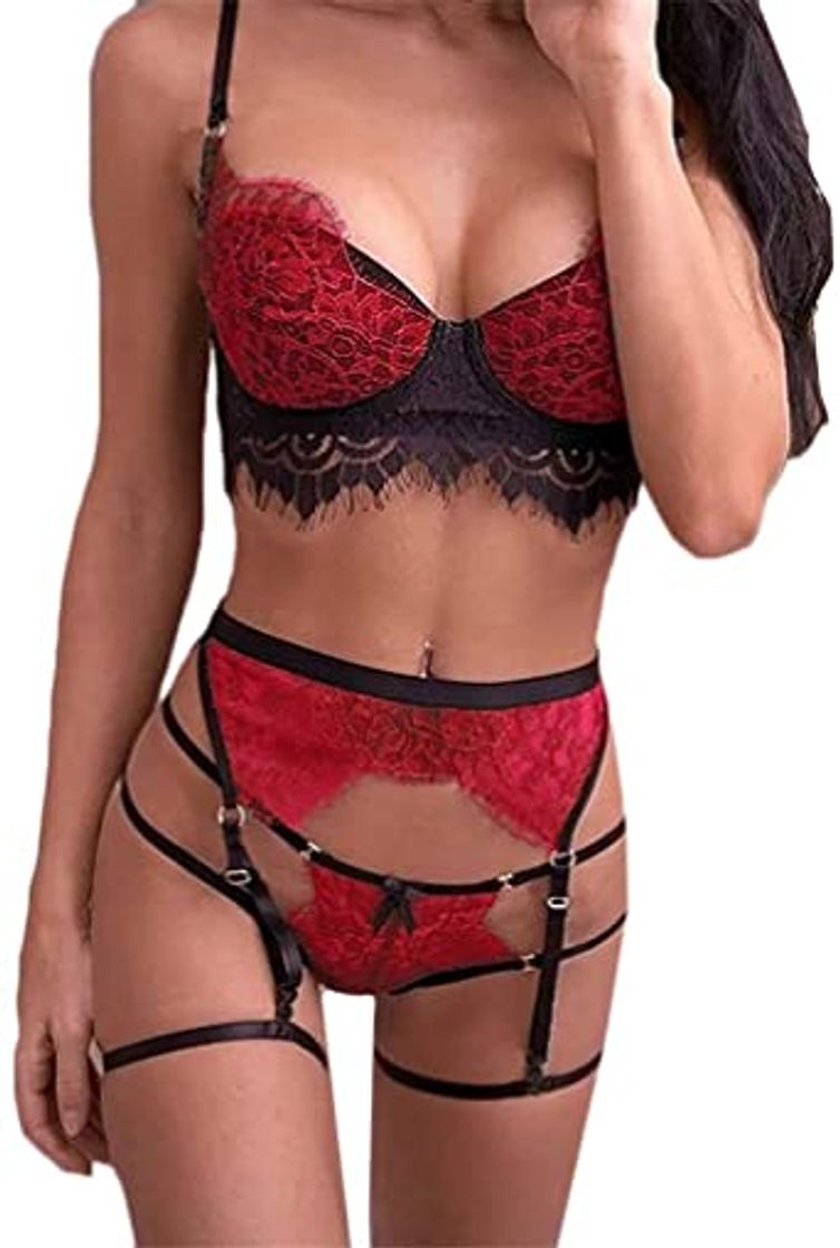 Fashion Lenceria Sexy Mujer Correas Sujetador y Panty Liga Conjunto Ropa Interior Babydoll Atractiva De Muselina Ropa de Dormir de TentacióN Deep V Lencería Pijamas riou