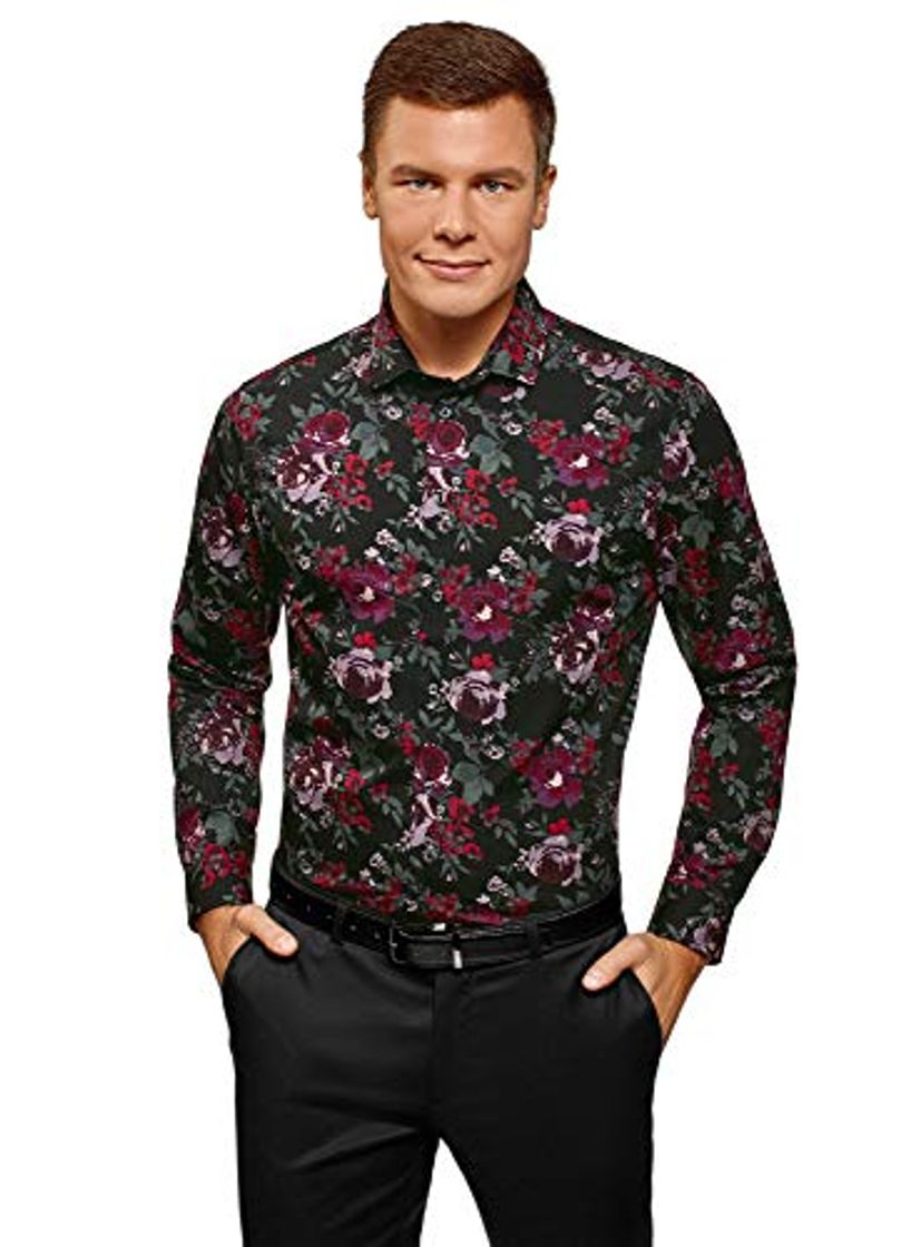 Moda oodji Ultra Hombre Camisa Entallada con Estampado Floral