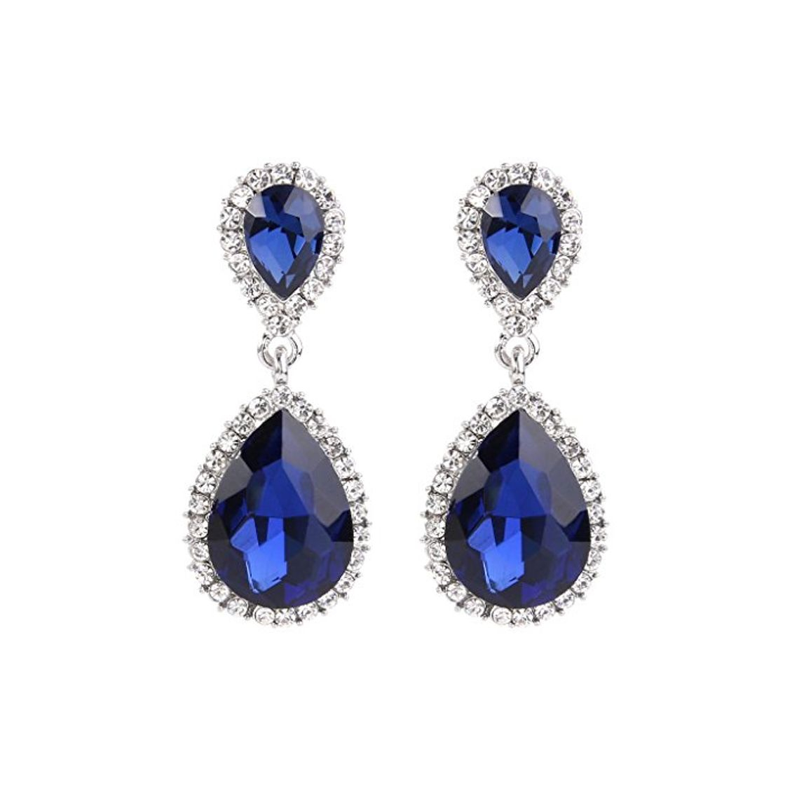 Fashion EVER FAITH® Rhinestone de las mujeres de cristal austriaco 2 de la lágrima cuelga los pendientes Azul marino tono plateado