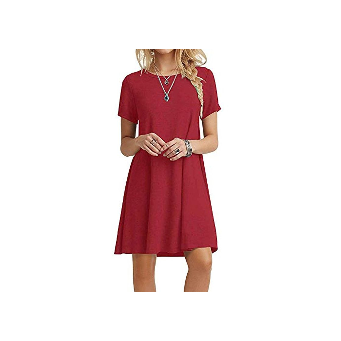 Moda FARCHAT Vestidos Mujer Suelto Casual de la Camiseta Cuello Redondo Vestido Rojo S