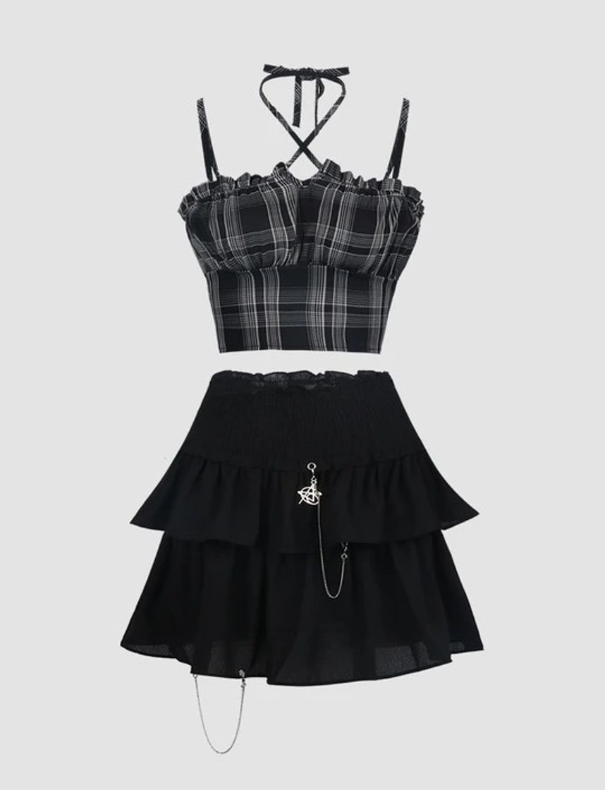 Products plaid cami & high waist skirt set