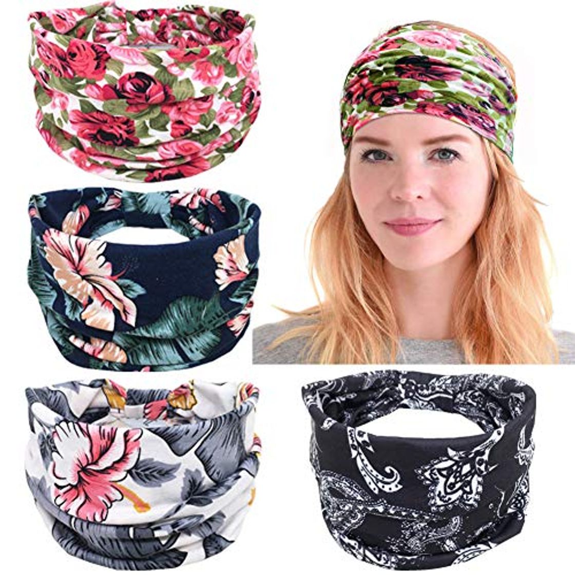 Moda Paquete de 4 diademas Boho Floral Hair Band Turbante elástico Head Wrap Accesorios para el cabello para mujeres Niñas