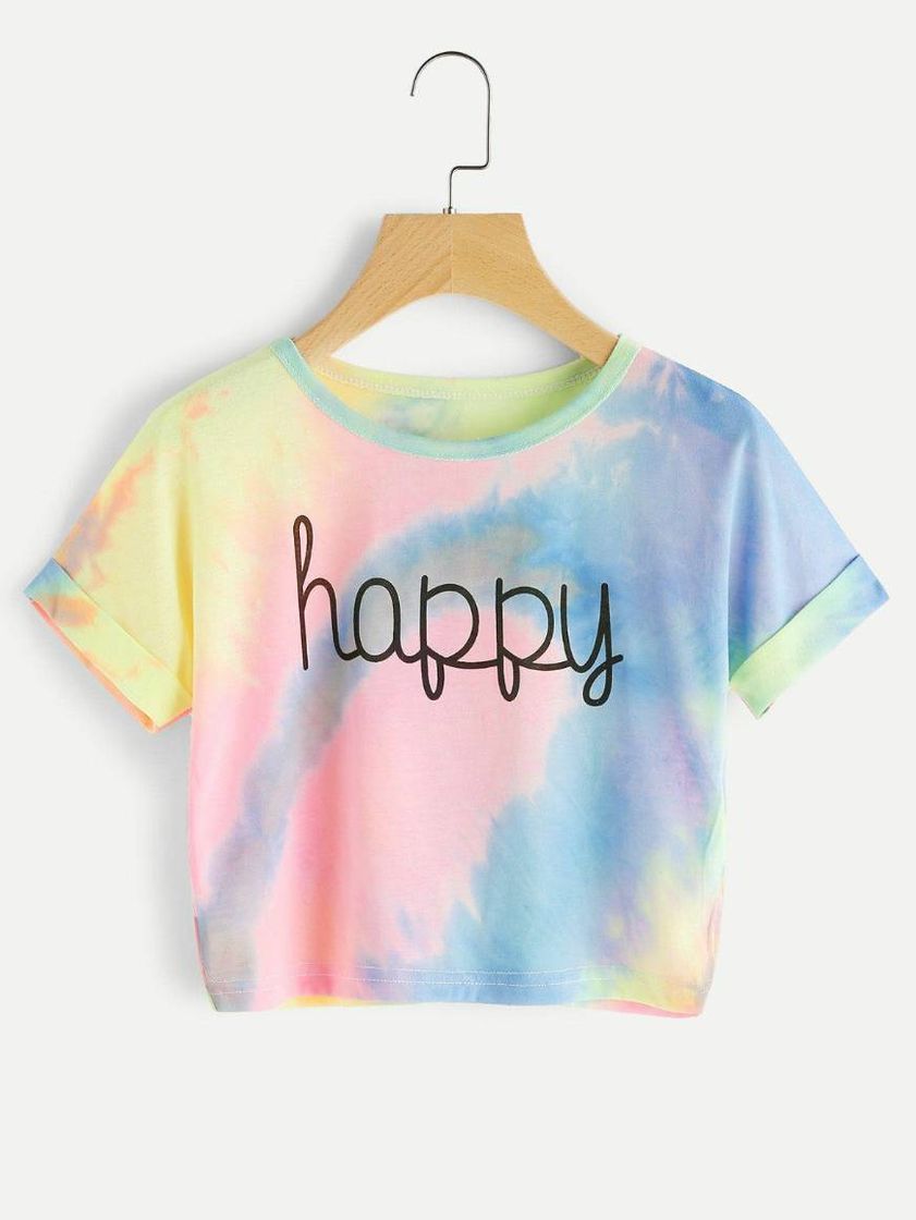 Fashion Water Color Letter Print Happy Cuffed Crop Top 