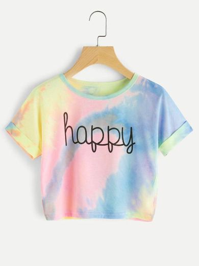 Water Color Letter Print Happy Cuffed Crop Top 