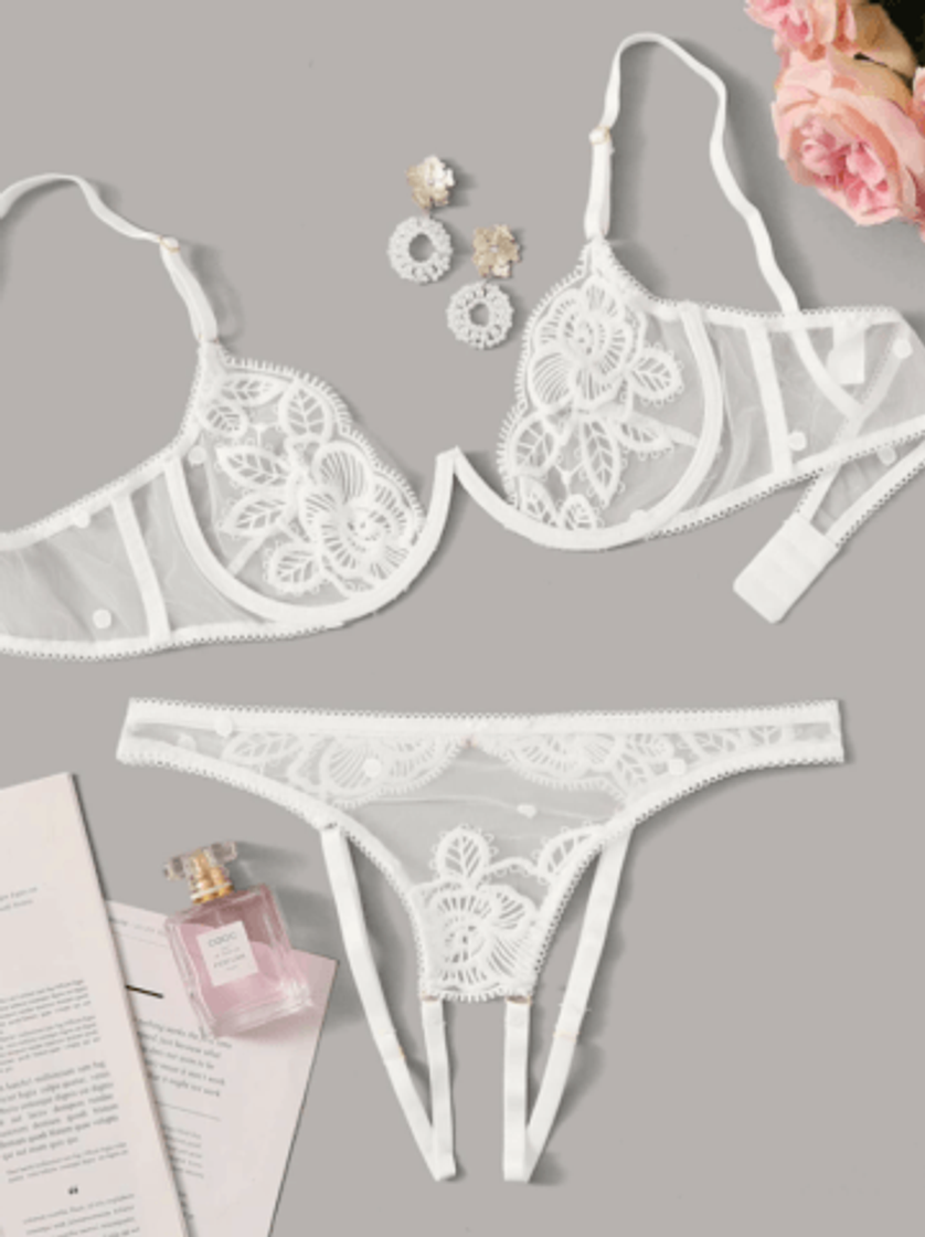 Fashion Set lencería bordado fino bralette y tanga blanca 💅