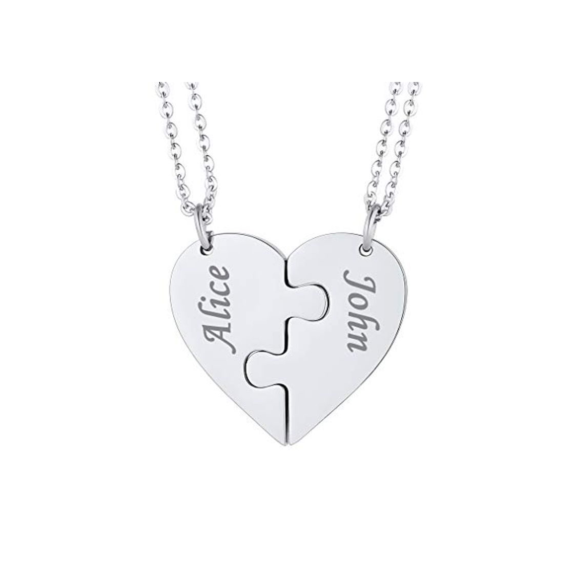 Belleza Colgantes de Pareja Personalizados Corazón Rompecabezas Acero Inoxidable 316L Plateado Collar Puzzle Dos Piezas Nombres Grabados para Hermanas