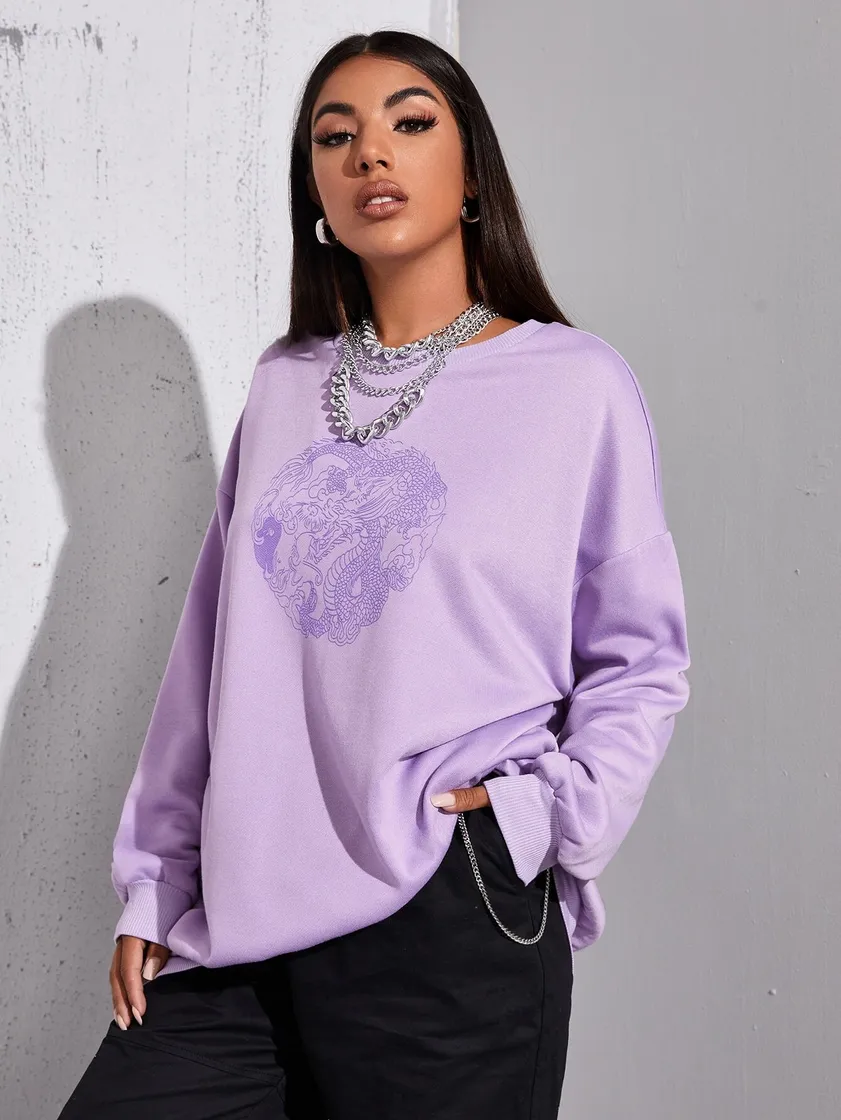 Fashion Drop Shoulder Chinese Dragon Graphic Pullover