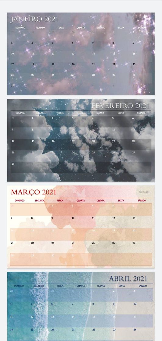 Moda Calendário 2021 aesthetic 