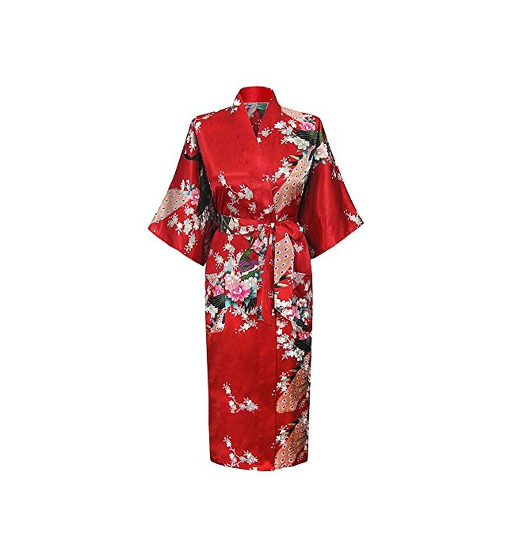 Moda Albornoz Mujer Largo Pava de Satén Camisón Sexy Kimono Vestido