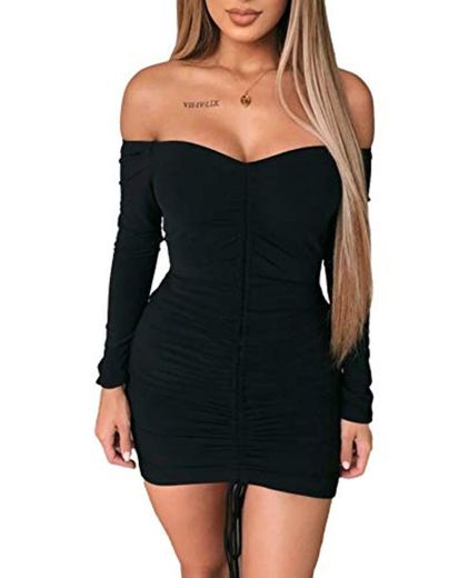 AMABILEMIA Vestido corto elegante para mujer mini vestido sexy negro de manga larga vestido de noche ajustado vestido de fiesta AM397 Negro L