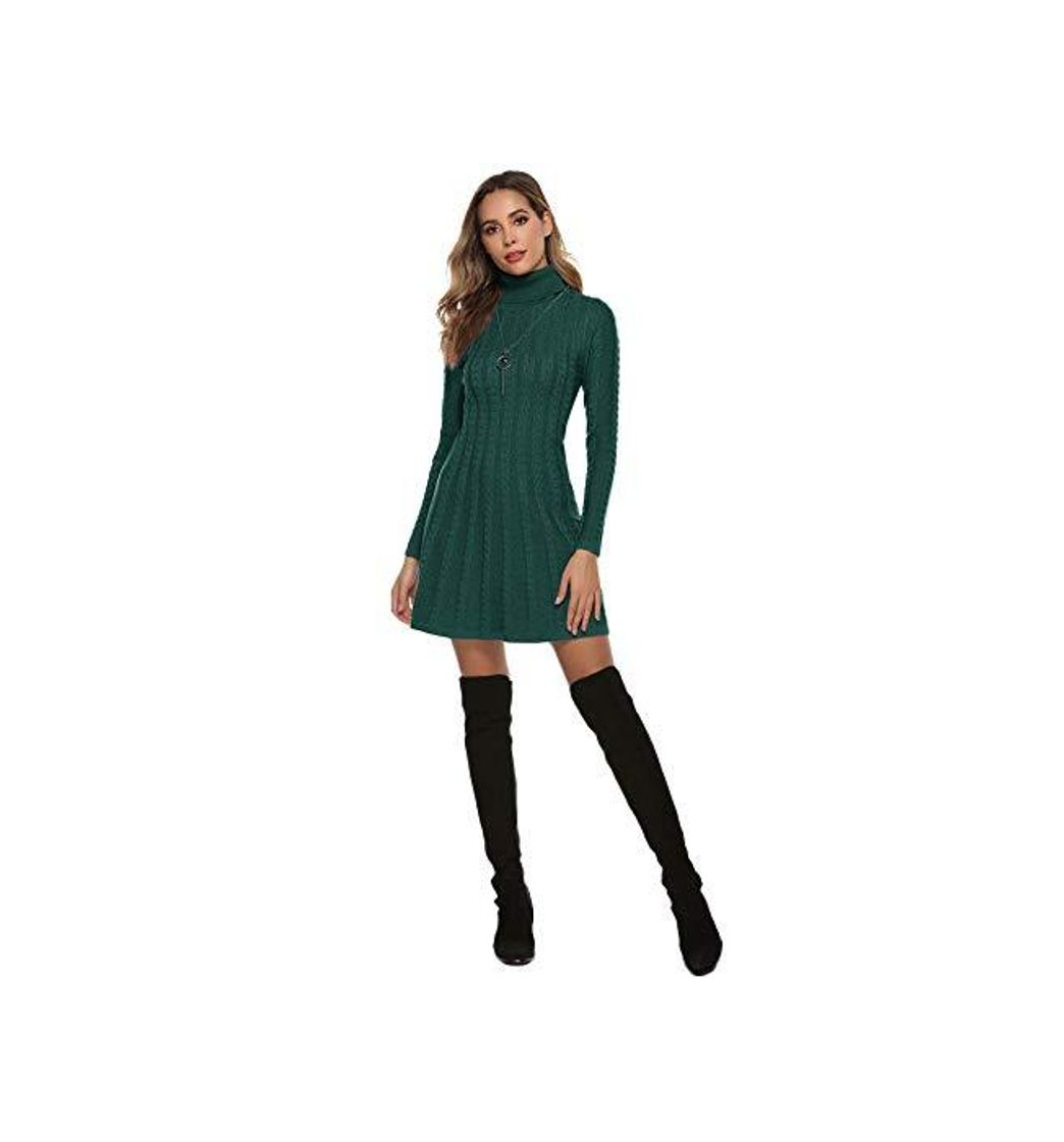 Fashion Hawiton Vestido de Punto para Mujer Elegante Vestido de Suéter de Cuello Alto Jersey de Manga Larga de Una Línea para Otoño Invierno