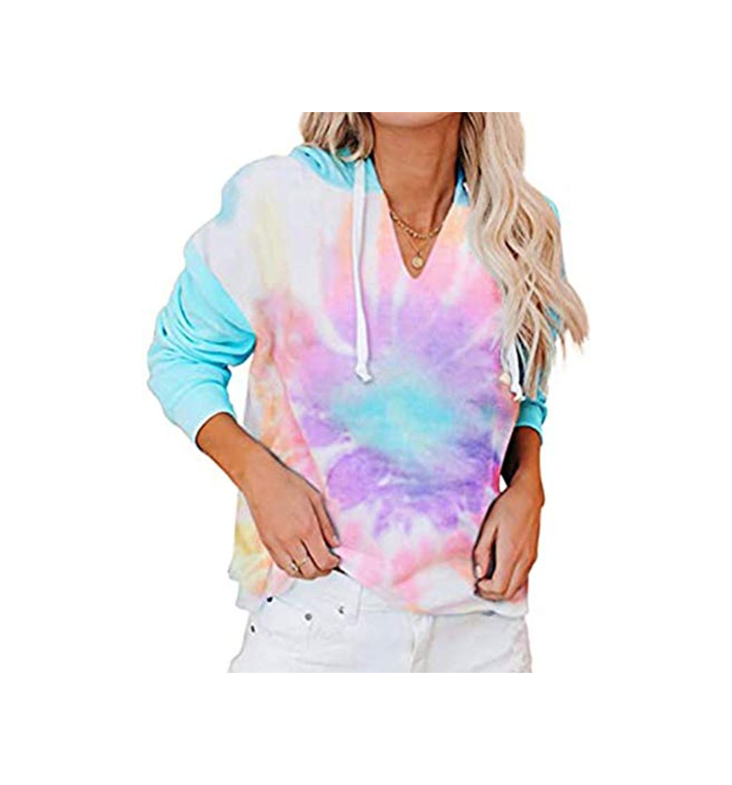 Fashion Voqeen Sudaderas con Capucha Estampadas con Teñido Anudado para Mujer Sudaderas Sueltas Ocasionales de Manga Larga con Cuello en V Cordón con Capucha Jersey Tops para Damas Niñas