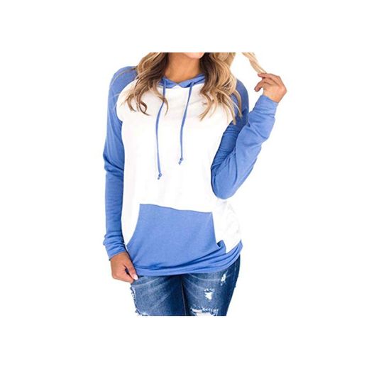 Women Sweatshirt Hoodies Patchwork Pocket Long Sleeve Hooded Casual Tops Autumn Spring Jumper Pullover Tracksuit Moletom Blue S