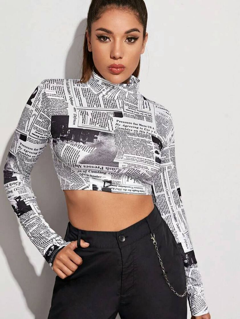 Social Mock Neck Newspaper Print Crop